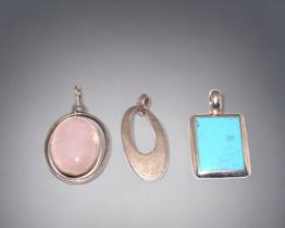 3 x 925 silver pendants 1 turquoise, 1 pink quarts, 1 solid.