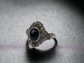 Black Onyx Art Deco silver marcasite ring Size N 1/2.