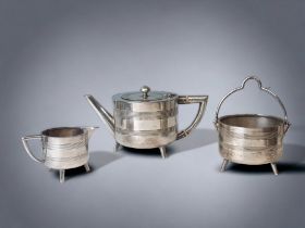 A CHRISTOPHER DRESSER FOR HENRY WILKINSON SILVER PLATE TEA SET. TEAPOT - 12 X 21CM EXAMPLES FOUND ON