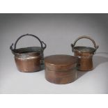 A 19TH CENTURY FRENCH CRAMP JOINT LIDDED POT, TOGETHER WITH A COPPER & CAST IRON POT AND AS TINNED