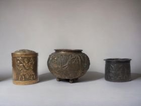 THREE PERSIAN / INDIAN VESSELS. INCLUDING AN INDIAN SPICE JAR, PERSIAN BALL FOOTED VASE/ CENSER