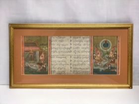 Antique framed Thai Buddhist Khoi paper Manuscript. Depicting painted scenes either side of Khom