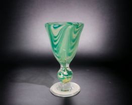 A 1977 AL THORNEYCROFT STUDIO GLASS GOBLET. HEIGHT - 19CM