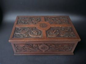 A 19TH CENTURY AESTHETIC DESIGN CARVED OAK BIBLE BOX. 41 X 27 X 15CM