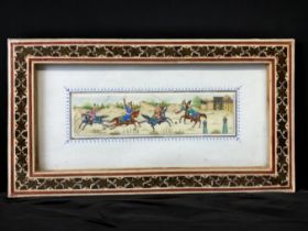 A PERSIAN (IRAN) HAND PAINTED CAMEL BONE PAINTING. DEPICTING POLO GAME. SIGNED TO LOWER LEFT. INLAID