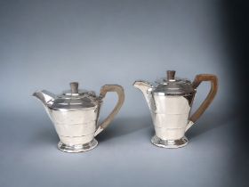 VICTORIAN CHRISTOPHER DRESSER TYPE SILVER PLATE TEA & COFFEE POTS. BY WALKER & HALL. STEPPED TAPERED