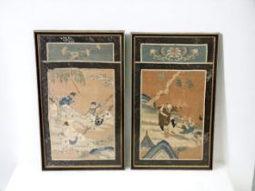 A PAIR OF CHINESE SILK PANELS. QING DYNASTY. FRAMED. 45 X 27CM