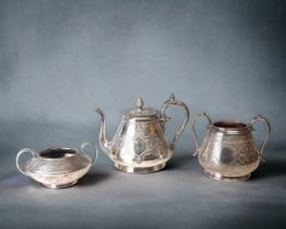 A 19TH CENTURY DRESSER STYLE JAMES DIXON TEAPOT, TOGETHER WITH SIMILAR SUGAR BOWLS.