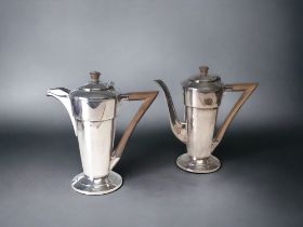 A CHRISTOPHER DRESSER STYLE DESIGN TEAPOT & WATER JUG. LATE 19TH-CENTURY. BY WALKER & HALL.