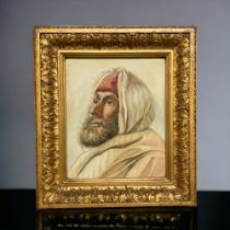 A 19TH CENTURY ORIENTALIST WATERCOLOUR PAINTING, DEPICTING A PORTRAIT OF AN ARAB MAN. IN GILT FRAME.