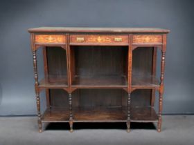 VICTORIAN INLAID MAHOGANY OPEN FRONT BOOKSHELF. WITH CENTRAL DRAWER.