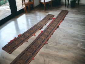 TWO LONG 19TH CENTURY ENGLISH NEEDLEWORK TAPESTRY PELMET VALANCE. LARGER - 17.1' SMALLER 9.1' AF