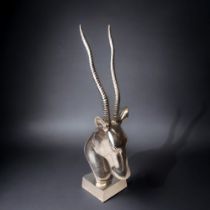 A LARGE CHROME PLATED ANTELOPE BUST. HEIGHT - 26.5CM