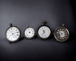FOUR ANTIQUE SILVER POCKET WATCHES. WITH ENGRAVED CASES. FOR SPARES OR REPAIRS.