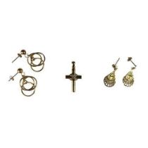 A 9ct Gold Diamond Chip Crucifix, together with 2 Pairs 9ct Gold Earrings. 5.6g,