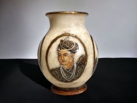 A SCARCE 19TH CENTURY MUGHAL ALABASTER VASE. DEPICTING EXPERTLY PAINTED PORTRAITS IN GILT OVALS.