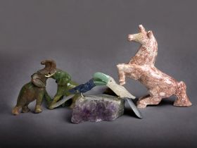 A QUARTZ CRYSTAL PAIR OF PARROT FIGURES ON AMETHYST CLUSTER BASE, TOGETHER WITH A PAIR OF AFRICAN