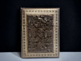 ANTIQUE ANGLO-INDIAN CARVED CARD BOX. INTRICATELY CARVED, WITH SADELI INLAID MOSAIC BORDER