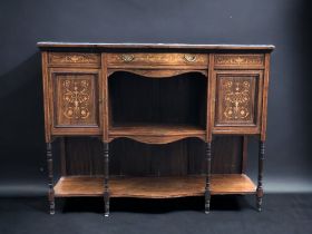 A VICTORIAN SHERATON REVIVAL INLAID MAHOGANY OPEN FRONT SIDEBOARD. INLAID MARQUETRY TO DOORS &