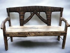 ANTIQUE METAL BOUND HARDWOOD BENCH.