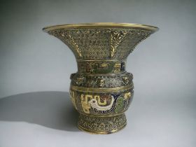 A CHINESE QING DYNASTY BRONZE ENAMEL VASE. ARCHAISTIC FORM WITH ZOOMORPHIC DESIGN. HEIGHT - 20.5CM