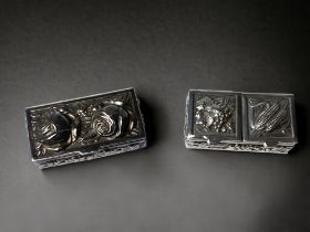 925 silver snuff or pill boxes in a coffer shape one with twin rose repousse shape lid the second