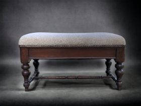 ANTIQUE MAHOGANY FOOTSTOOL WITH STORAGE. RE-UPHOLSTERED.