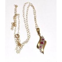 9ct White & Yellow Gold Diamond & Ruby Scroll Pendant Necklace