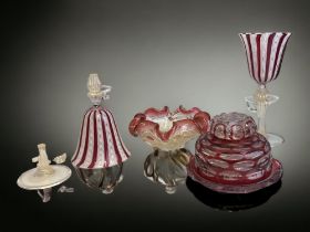 A COLLECTION OF ANTIQUE CRANBERRY GLASS. INCLUDING PAIR OF DAMAGED SALVIATI MURANO WINE GLASSES. A