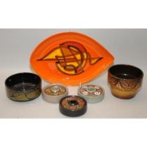 Poole Pottery pair of small Aegean bowls, Delphis eye dish, and three Olympus candle holders (6)