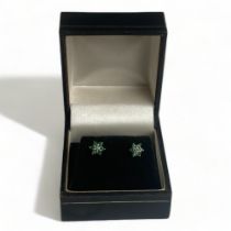 A PAIR OF LADIES 9CT GOLD & EMERALD EARRINGS.