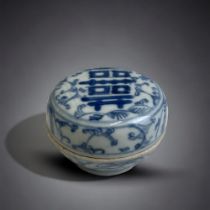 A CHINESE BLUE & WHITE PORCELAIN BOX. QING DYNASTY. 5.5 X 9CM AF