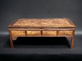 A CHINESE ROSEWOOD & BURR ELM? OPIUM STYLE COFFEE TABLE. MARQUETRY STYLE DESIGN TO TOP, WITH FOUR