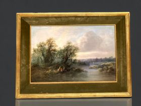 A 19TH CENTURY RIVER LANDSCAPE PAINTING. OIL ON BOARD. GILDED, VELVET LINED FRAME. 57 X 43CM (INCL