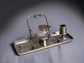 A 19TH CENTURY HUKIN & HEATH SILVER PLATE DESK STAND. 18 X 8CM AF - MISSING ONE PIECE.