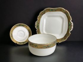 THREE VICTORIAN MINTON PORCELAIN. HAND PAINTED FOLIATE DESIGN INSIDE GILT BAND.