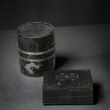 AN ASIAN PEWTER TEA CADDY, TOGETHER WITH AN INLAID BIDRIWARE METAL BOX.