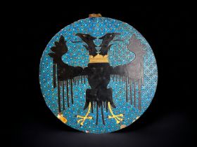 A large, heavy 19th Century Majolica round wall tile. Depicting double headed eagle. Diameter - 40cm