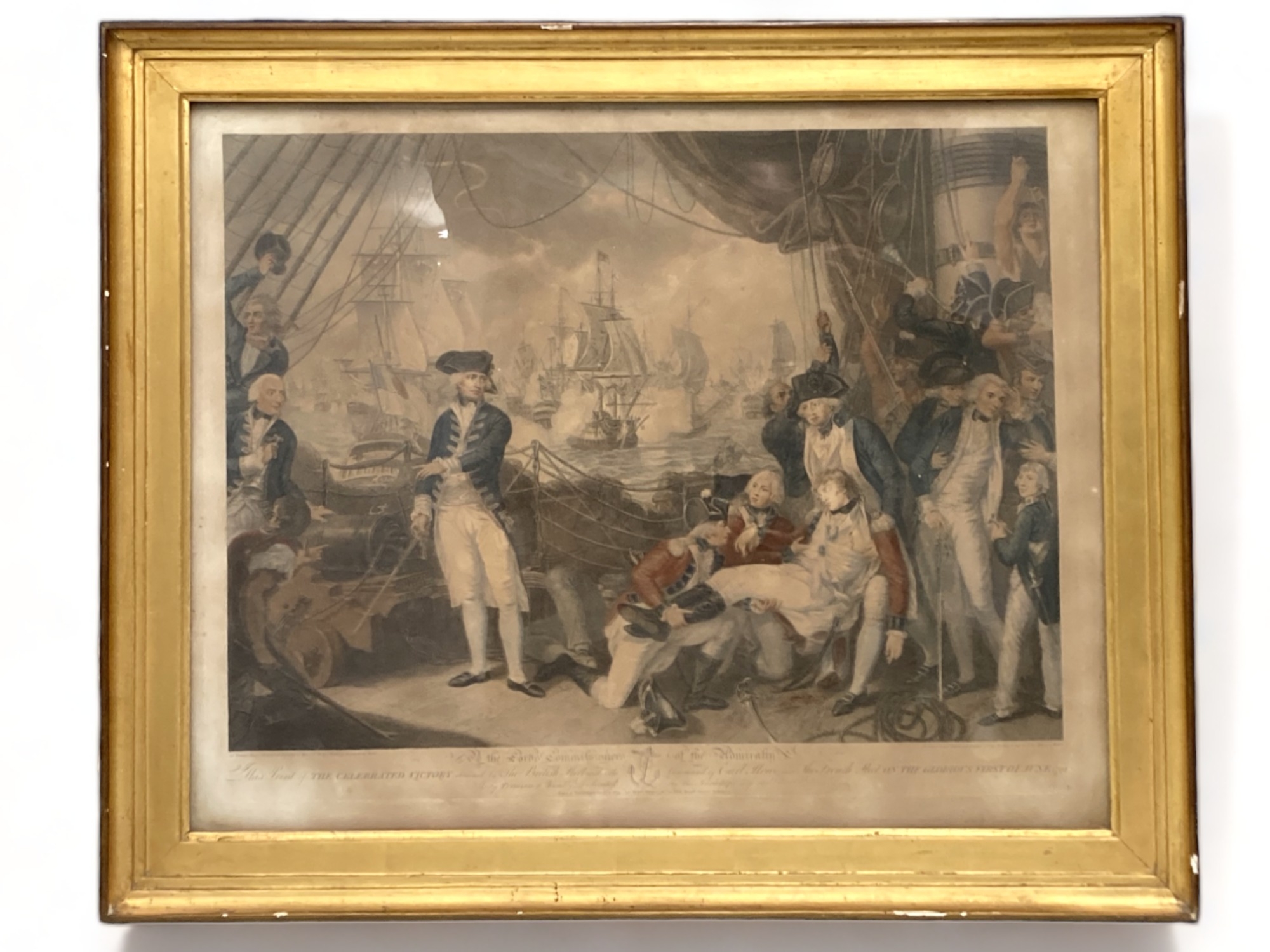 A large gilt framed coloured lithograph. 'The battle of the Glorious first of June 1794'. 75 x 62 cm