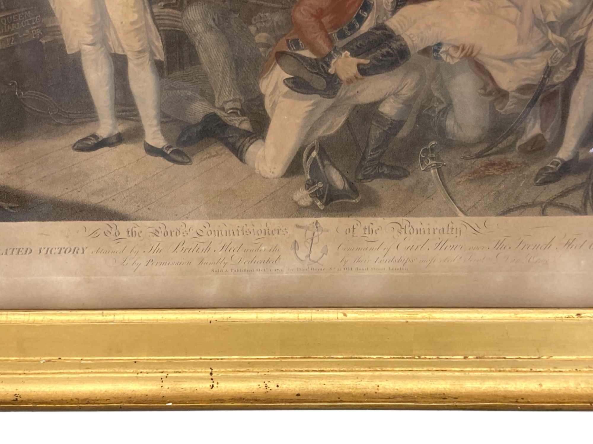 A large gilt framed coloured lithograph. 'The battle of the Glorious first of June 1794'. 75 x 62 cm - Image 4 of 6