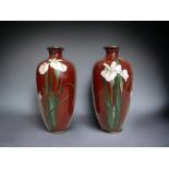 A pair of Japanese Cloisonné vases. Meiji period. Finely decorated with foliate design. Signed to