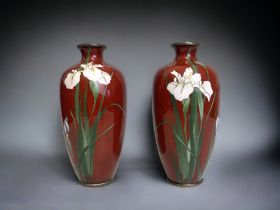 A pair of Japanese Cloisonné vases. Meiji period. Finely decorated with foliate design. Signed to