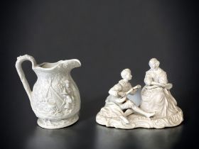 A 19TH CENTURY BISCUIT PORCELAIN FIGURE GROUP, TOGETHER WITH A PARIAN RELIEF DECORATED JUG. AF -