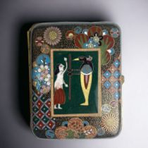 A Japanese Cloisonné cigarette case. Meiji period. Finely detailed 'Egyptian' design, with