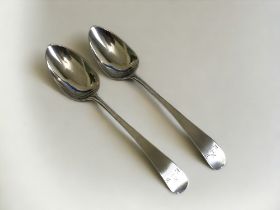 A pair of Peter & Ann Bateman George III silver serving spoons. London 1796 hallmarks. 21cm long.