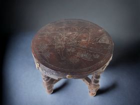 EARLY 20TH CENTURY EMBOSSED LEATHER & OAK STOOL. 28 X 38CM