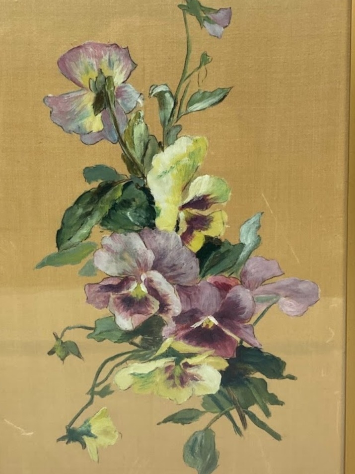 A VICTORIAN OIL ON GOLD SILK. STILL LIFE FLOWERS. 48 X 30.5CM - Image 2 of 2