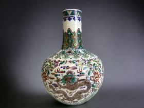 A Chinese Doucai decorated Tianqiuping vase. Polychrome painted Dragons on Chrysanthemums.