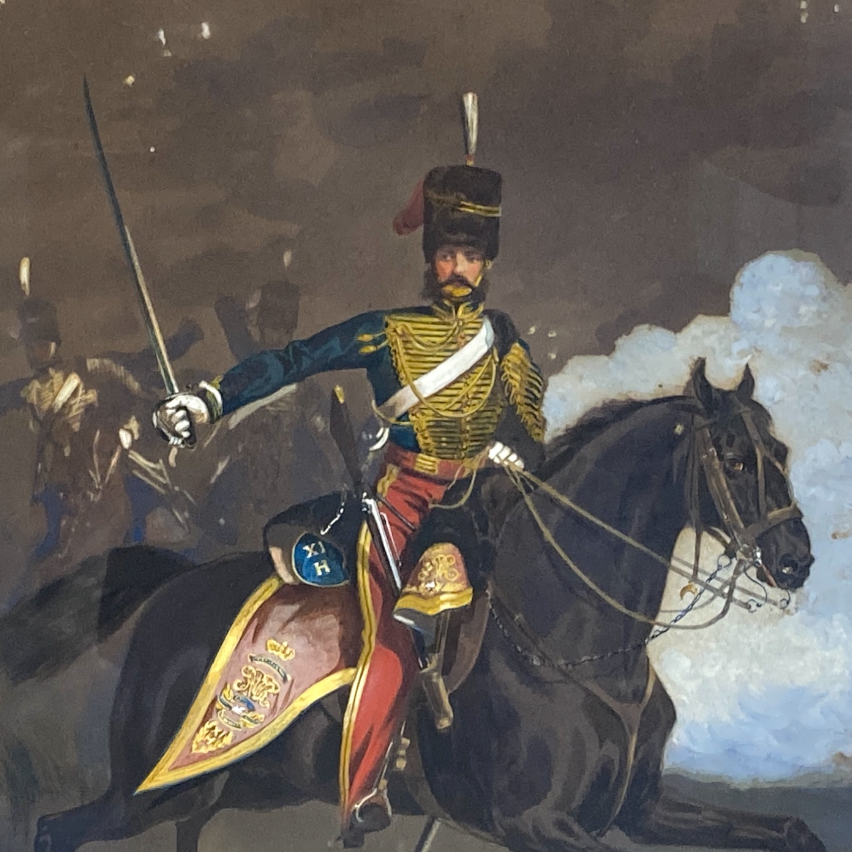 Alfred F. De Prades, (British 1820-1890) watercolour. Mounted 11th Hussars officer in battle. Signed - Image 3 of 4