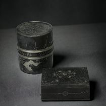 AN ASIAN PEWTER TEA CADDY, TOGETHER WITH AN INLAID METAL BOX.